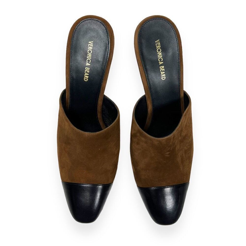 Veronica Beard Carlotta Toe Suede Mules Mixed Media Heel Camel Black Size 9 - Picture 5 of 8